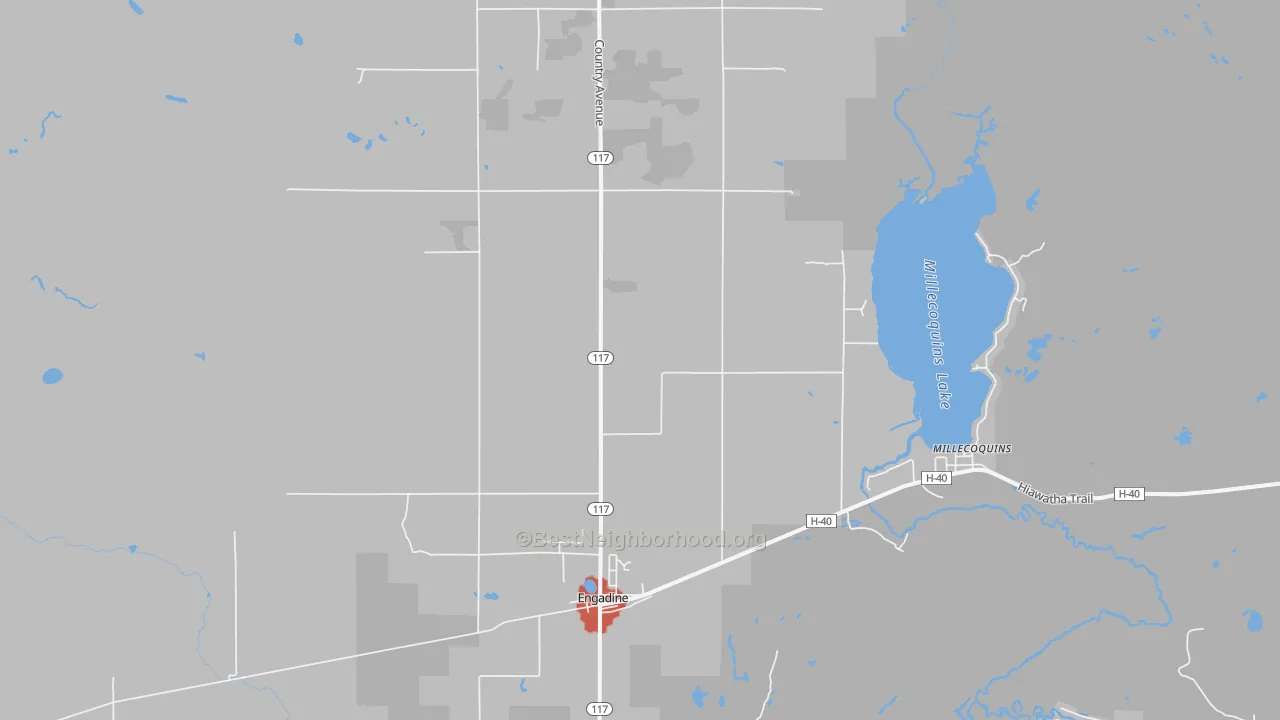 Walk Grade map of Engadine, MI, walkable areas in green and car-dependent areas in red