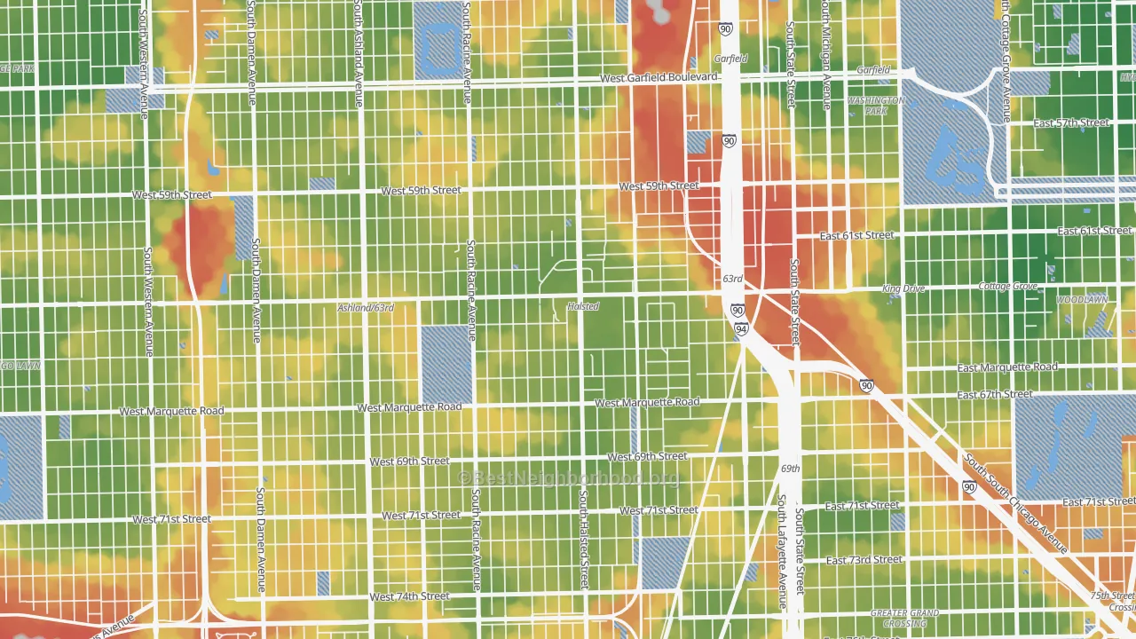 Walk Grade map of Englewood, Chicago, IL, walkable areas in green and car-dependent areas in red