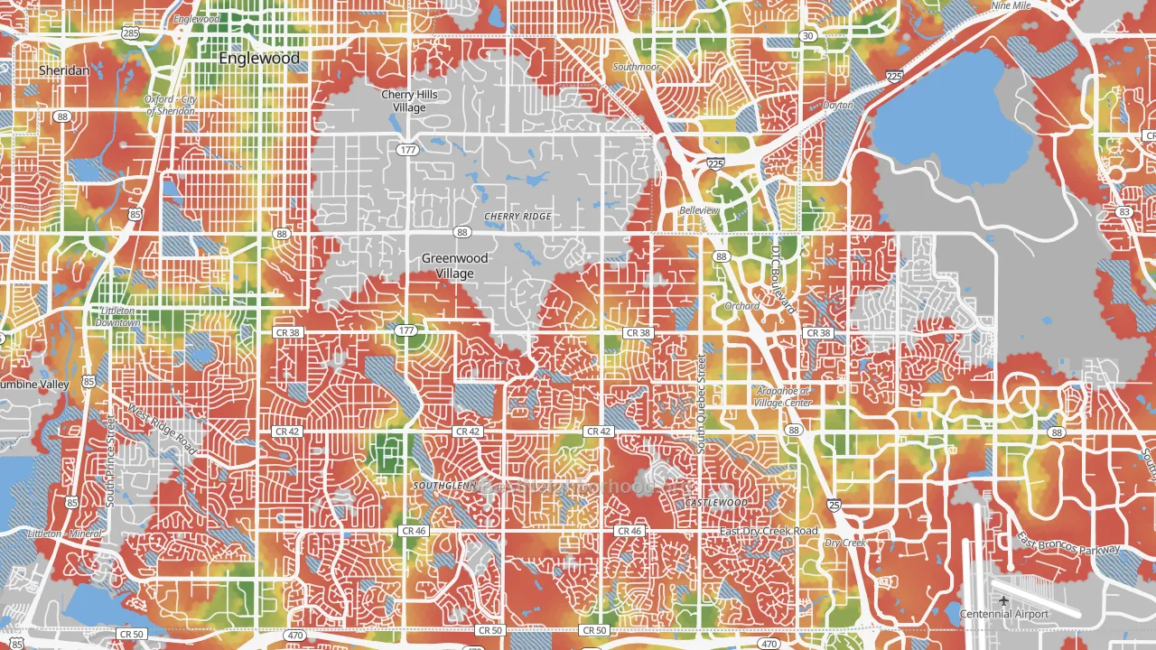 Walk Grade map of Englewood, CO, walkable areas in green and car-dependent areas in red