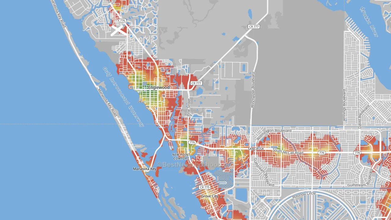 Walk Grade map of Englewood, FL, walkable areas in green and car-dependent areas in red