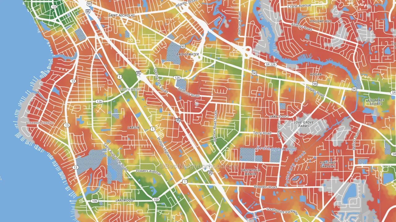Walk Grade map of Englewood, Jacksonville, FL, walkable areas in green and car-dependent areas in red