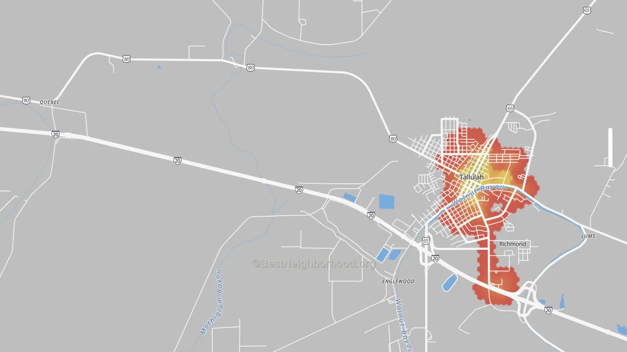Walk Grade map of Englewood, LA, walkable areas in green and car-dependent areas in red