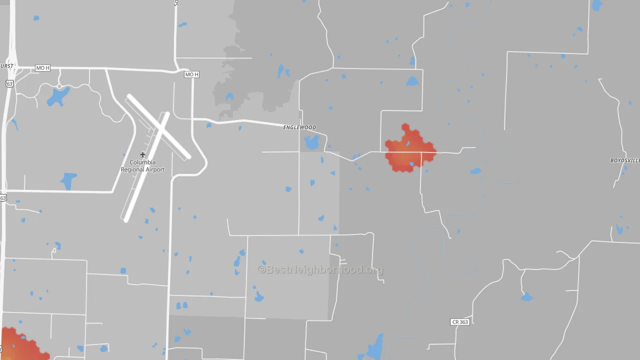 Walk Grade map of Englewood, MO, walkable areas in green and car-dependent areas in red