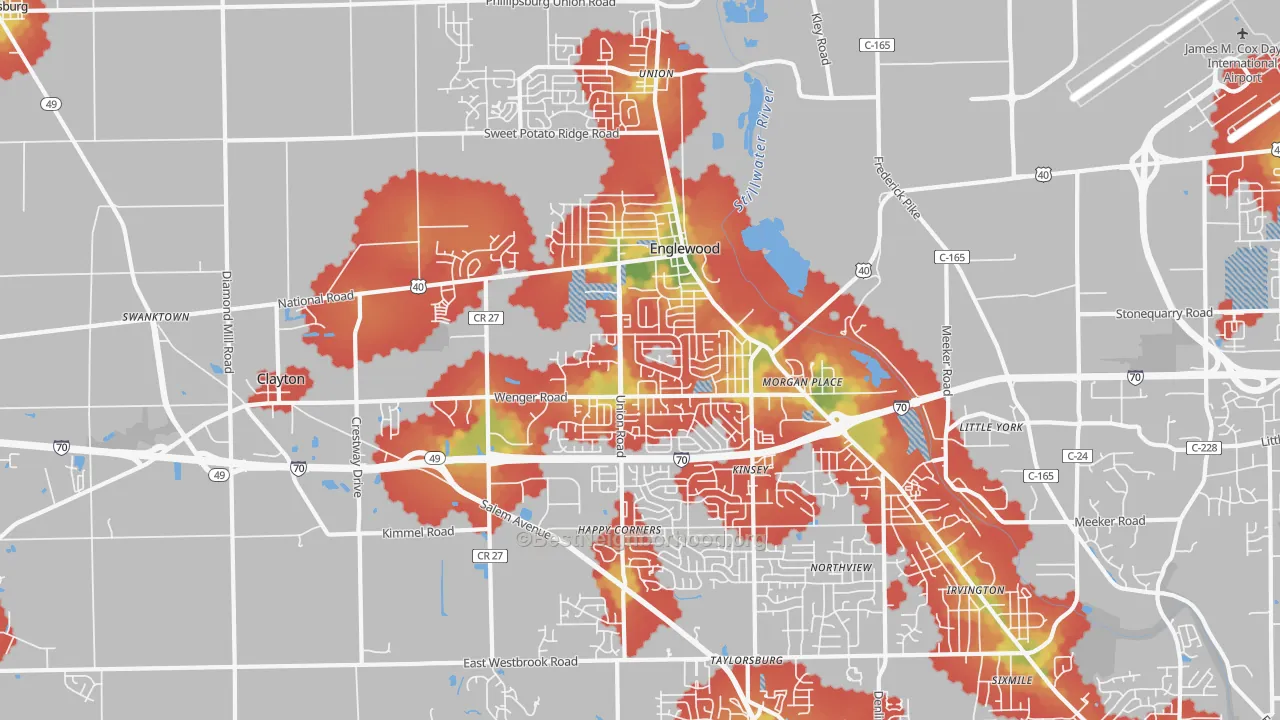 Walk Grade map of Englewood, OH, walkable areas in green and car-dependent areas in red