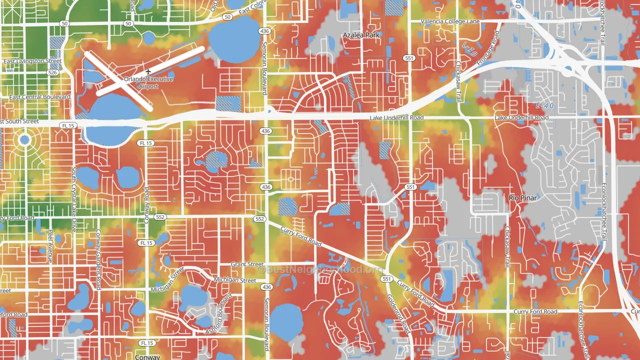 Walk Grade map of Englewood Park, Orlando, FL, walkable areas in green and car-dependent areas in red