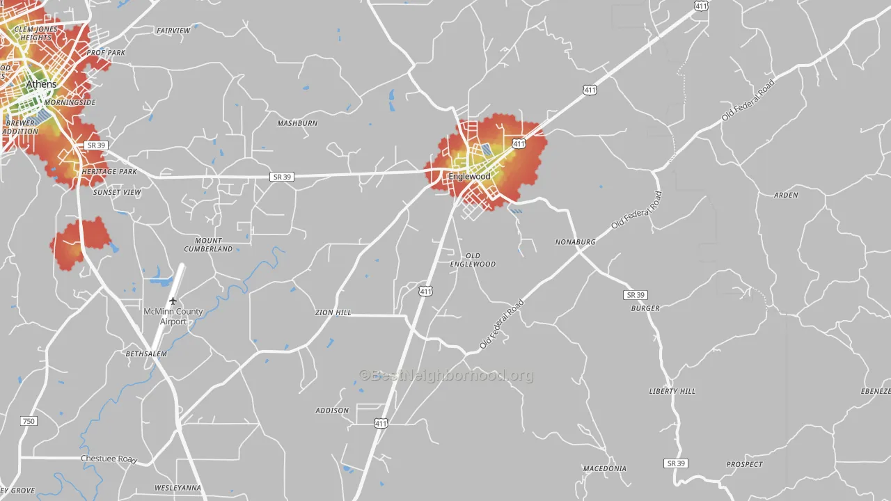 Walk Grade map of Englewood, TN, walkable areas in green and car-dependent areas in red
