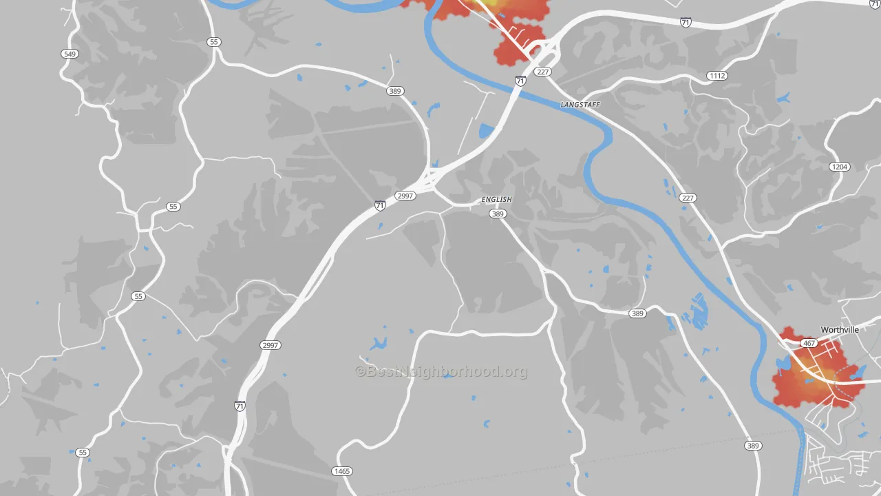 Walk Grade map of English, KY, walkable areas in green and car-dependent areas in red