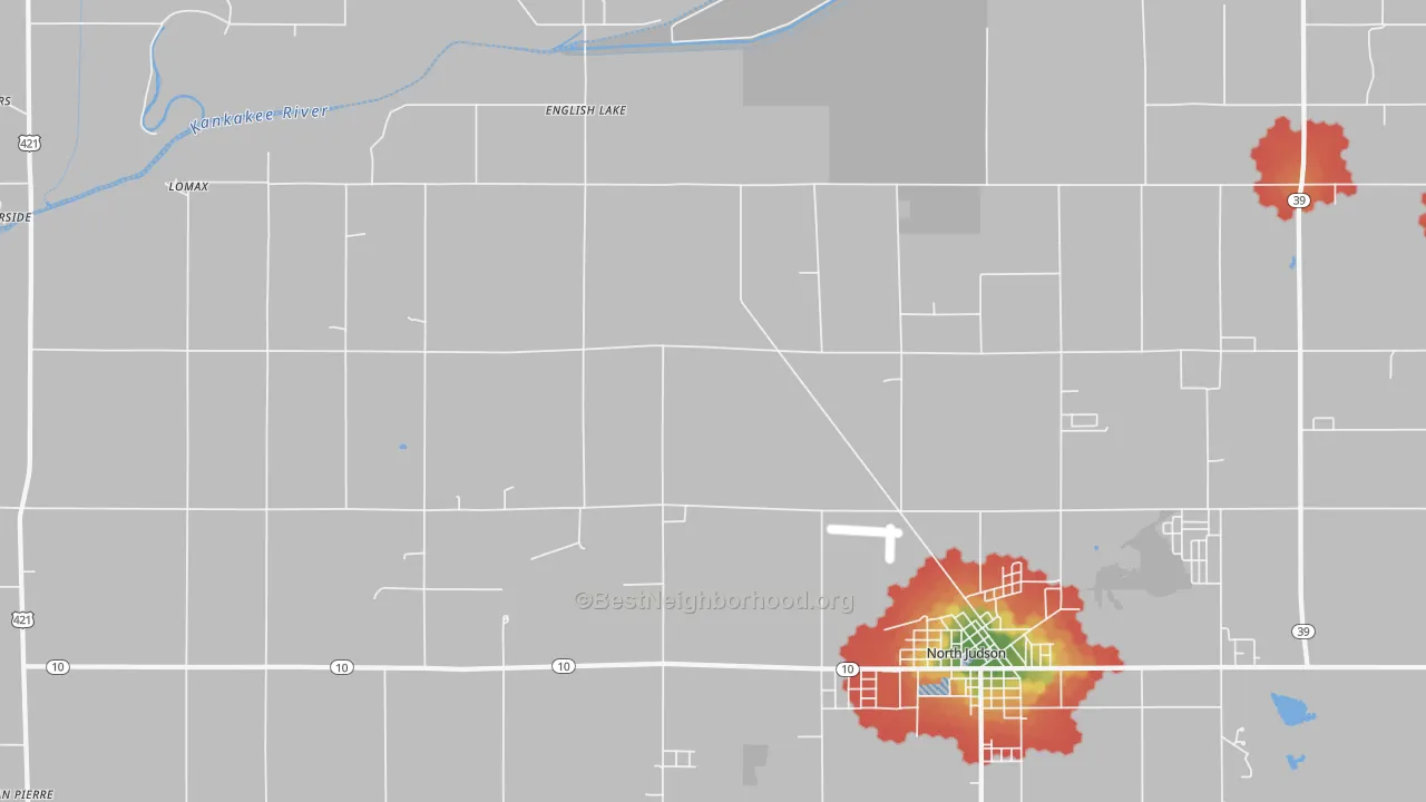 Walk Grade map of English Lake, IN, walkable areas in green and car-dependent areas in red