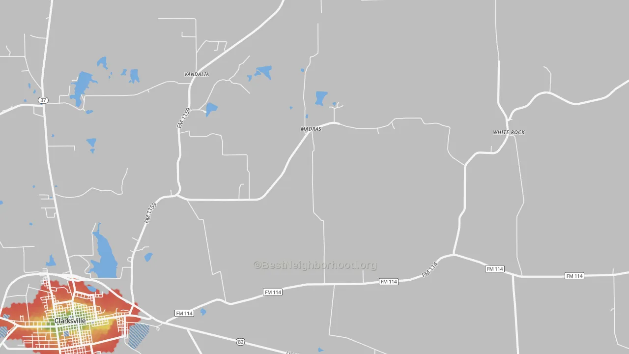 Walk Grade map of English, TX, walkable areas in green and car-dependent areas in red