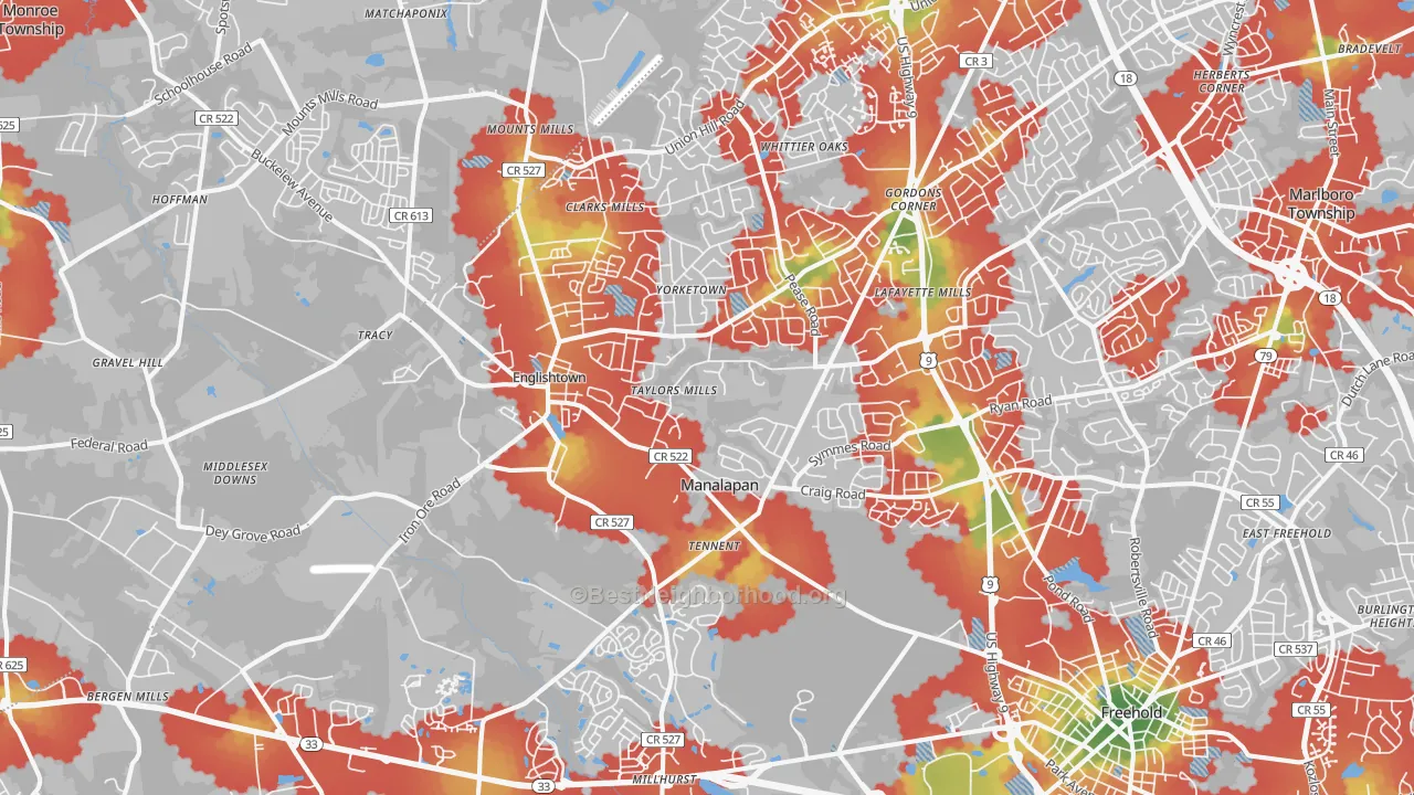 Walk Grade map of Englishtown, NJ, walkable areas in green and car-dependent areas in red