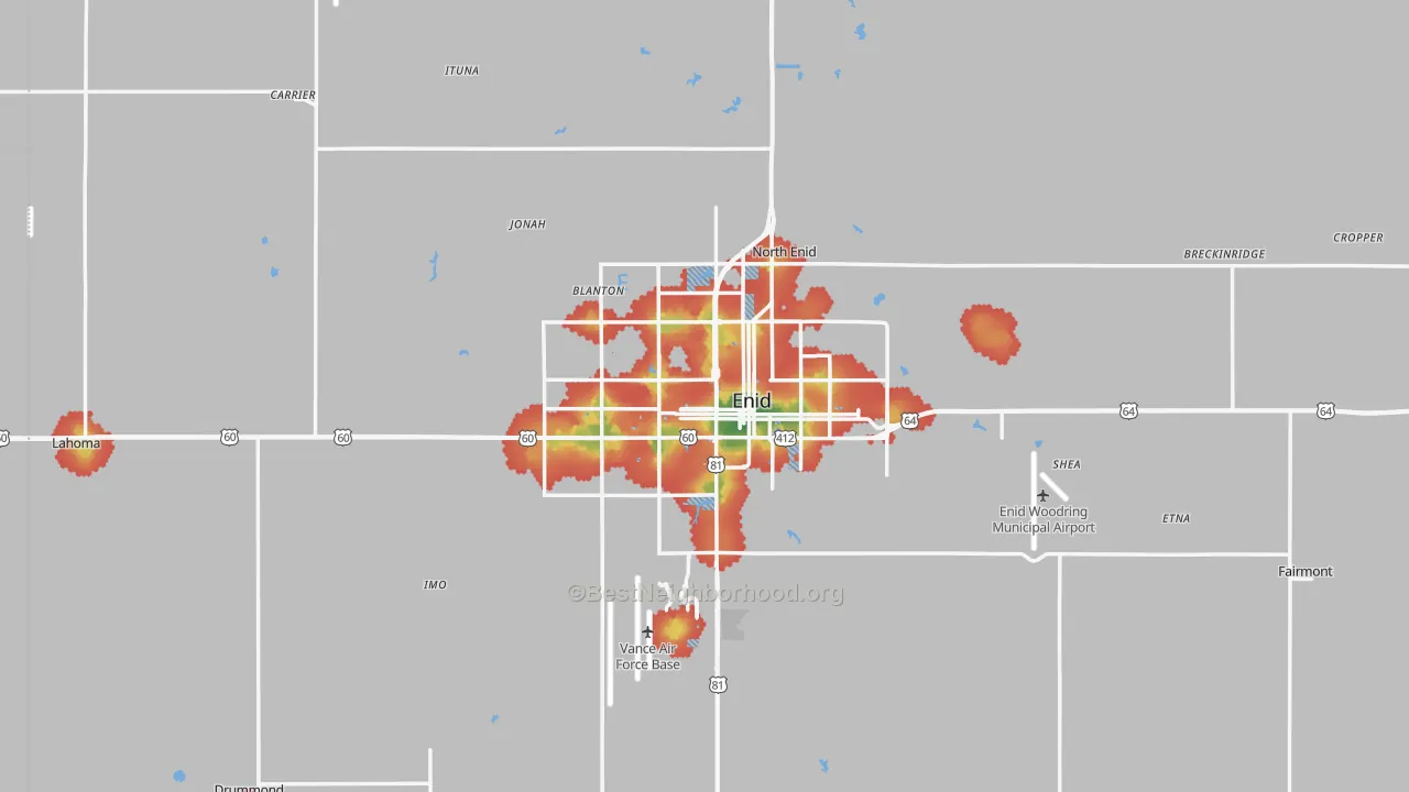 Walk Grade map of Enid, OK, walkable areas in green and car-dependent areas in red