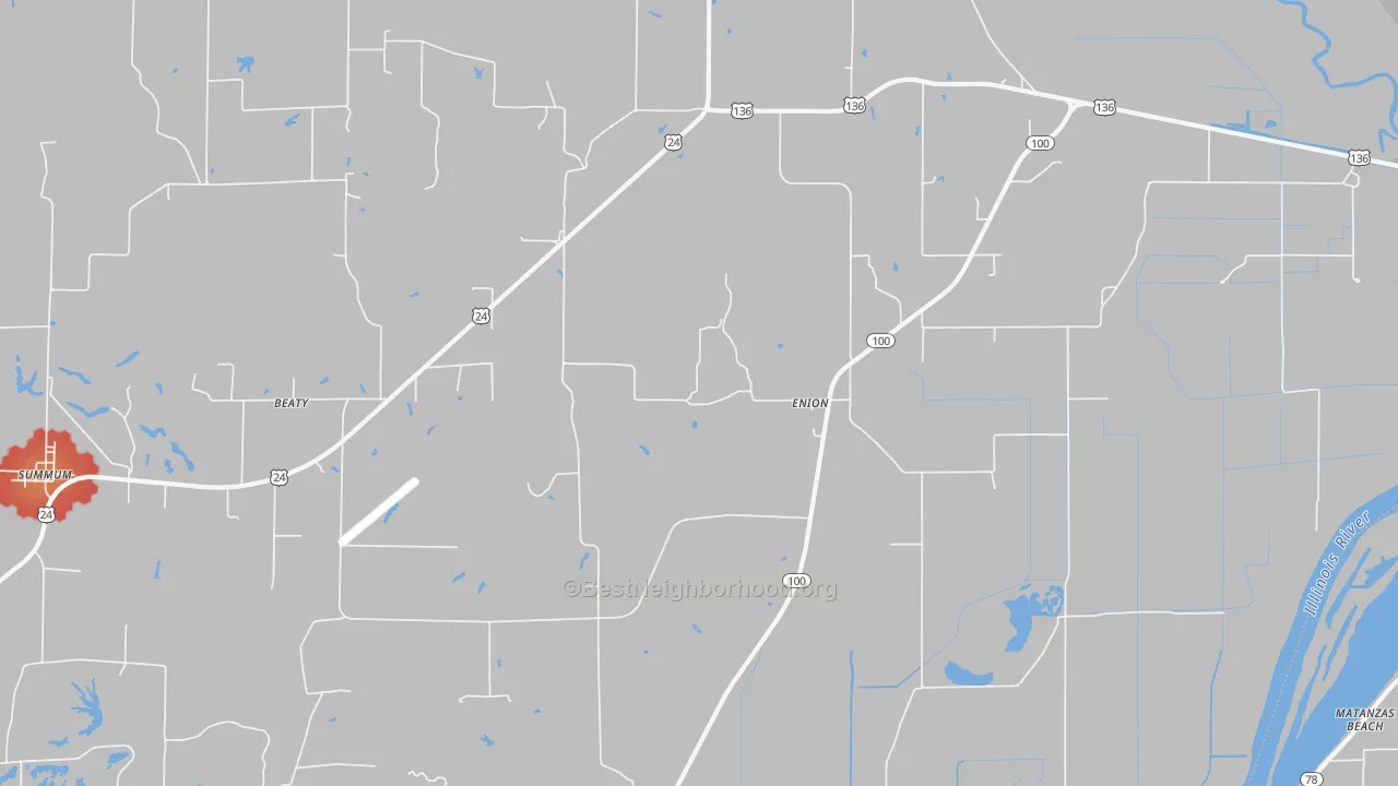 Walk Grade map of Enion, IL, walkable areas in green and car-dependent areas in red