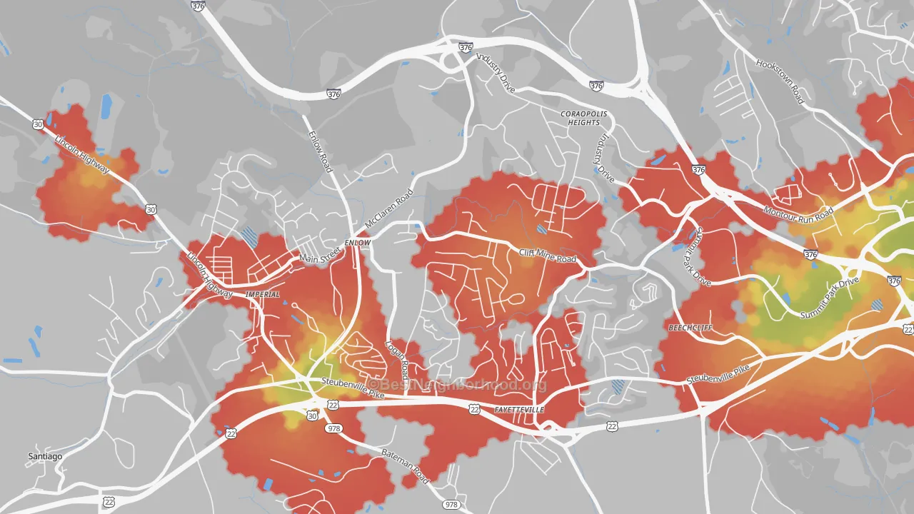 Walk Grade map of Enlow, PA, walkable areas in green and car-dependent areas in red