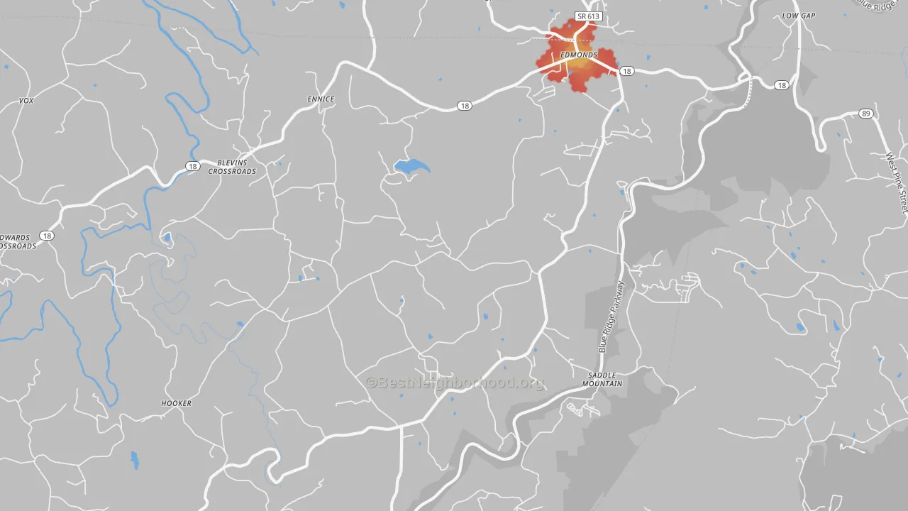 Walk Grade map of Ennice, NC, walkable areas in green and car-dependent areas in red