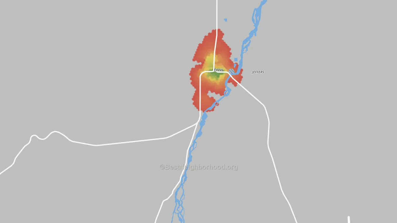 Walk Grade map of Ennis, MT, walkable areas in green and car-dependent areas in red