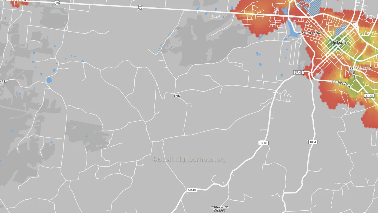 Walk Grade map of Eno, TN, walkable areas in green and car-dependent areas in red