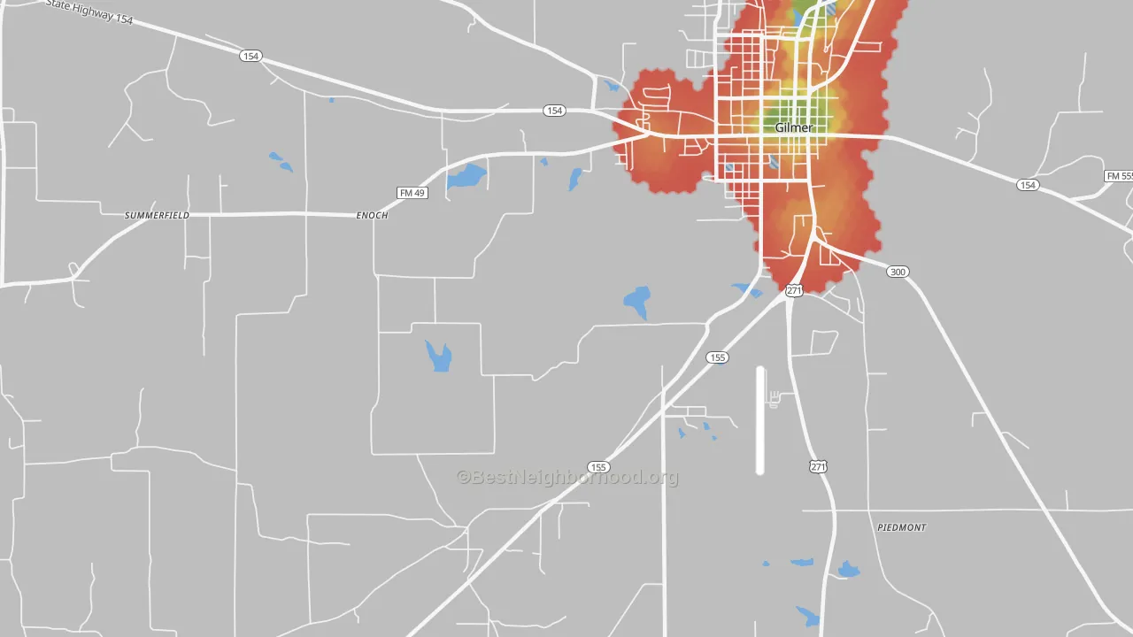 Walk Grade map of Enoch, TX, walkable areas in green and car-dependent areas in red