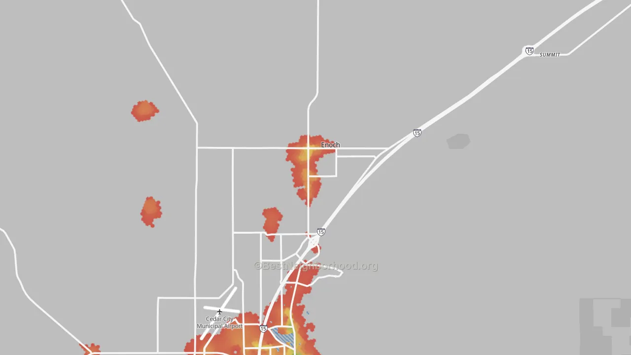 Walk Grade map of Enoch, UT, walkable areas in green and car-dependent areas in red