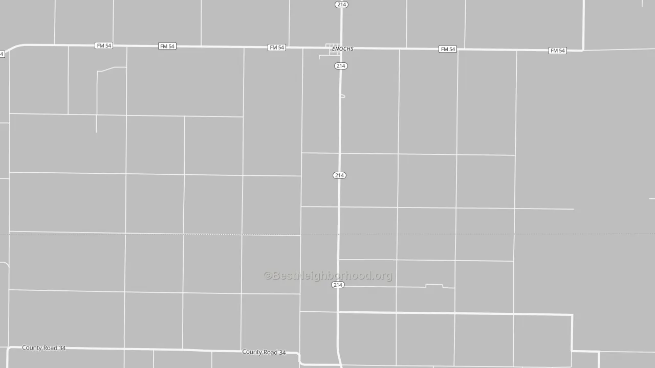 Walk Grade map of Enochs, TX, walkable areas in green and car-dependent areas in red