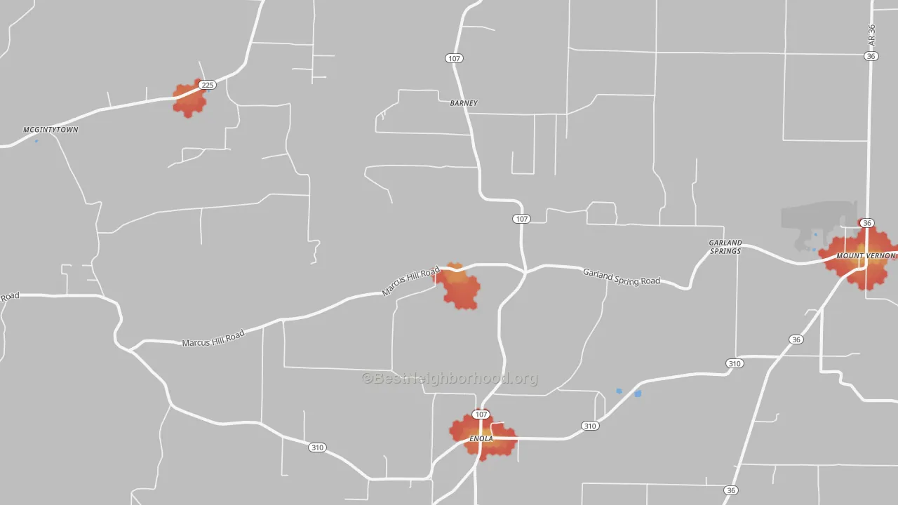 Walk Grade map of Enola, AR, walkable areas in green and car-dependent areas in red