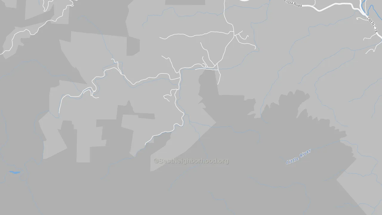 Walk Grade map of Enola, NC, walkable areas in green and car-dependent areas in red