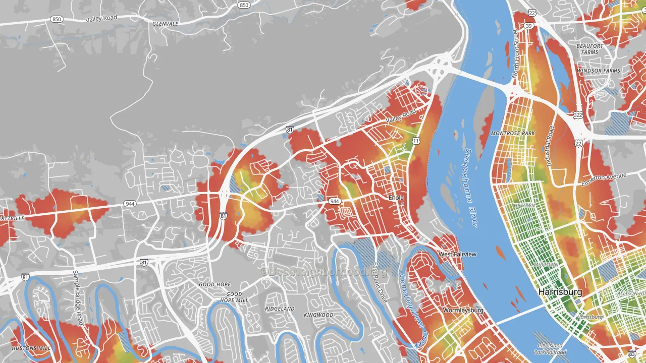Walk Grade map of Enola, PA, walkable areas in green and car-dependent areas in red