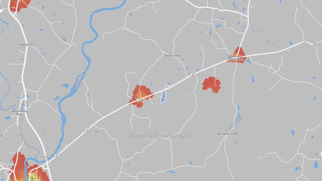 Walk Grade map of Enon Grove, GA, walkable areas in green and car-dependent areas in red