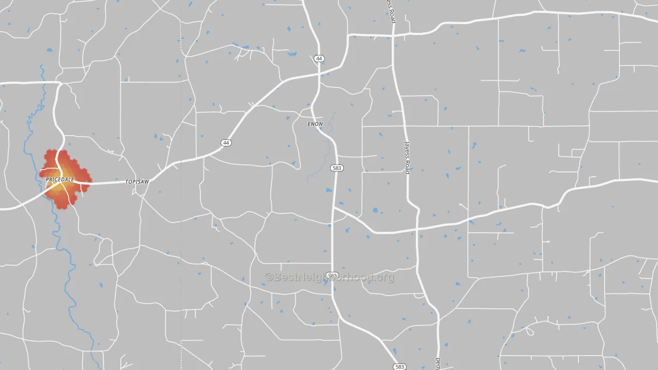 Walk Grade map of Enon, MS, walkable areas in green and car-dependent areas in red