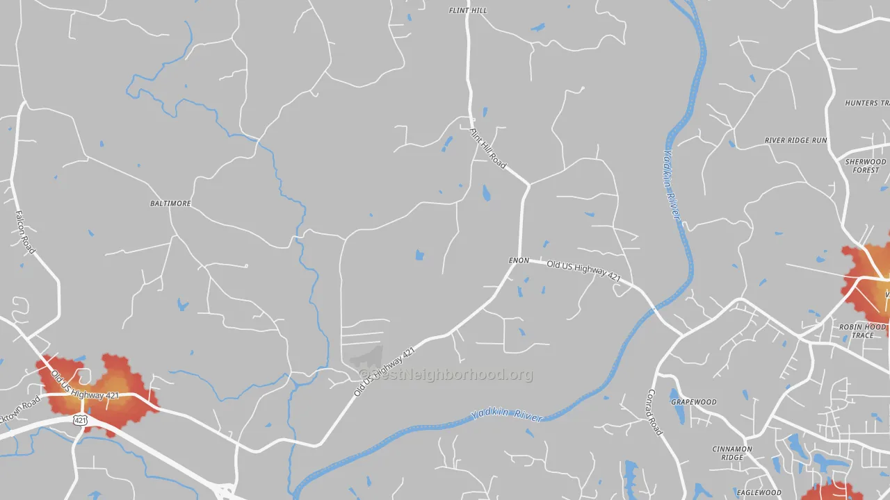 Walk Grade map of Enon, NC, walkable areas in green and car-dependent areas in red