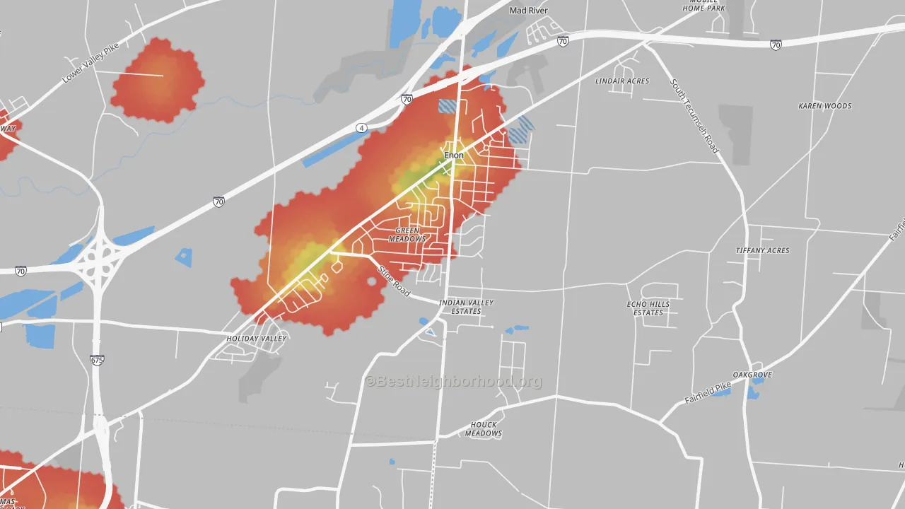 Walk Grade map of Enon, OH, walkable areas in green and car-dependent areas in red