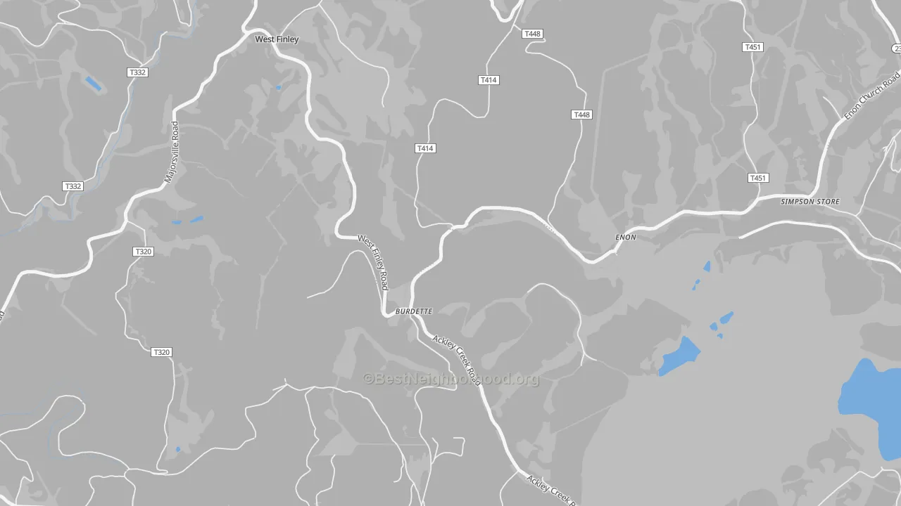 Walk Grade map of Enon, PA, walkable areas in green and car-dependent areas in red