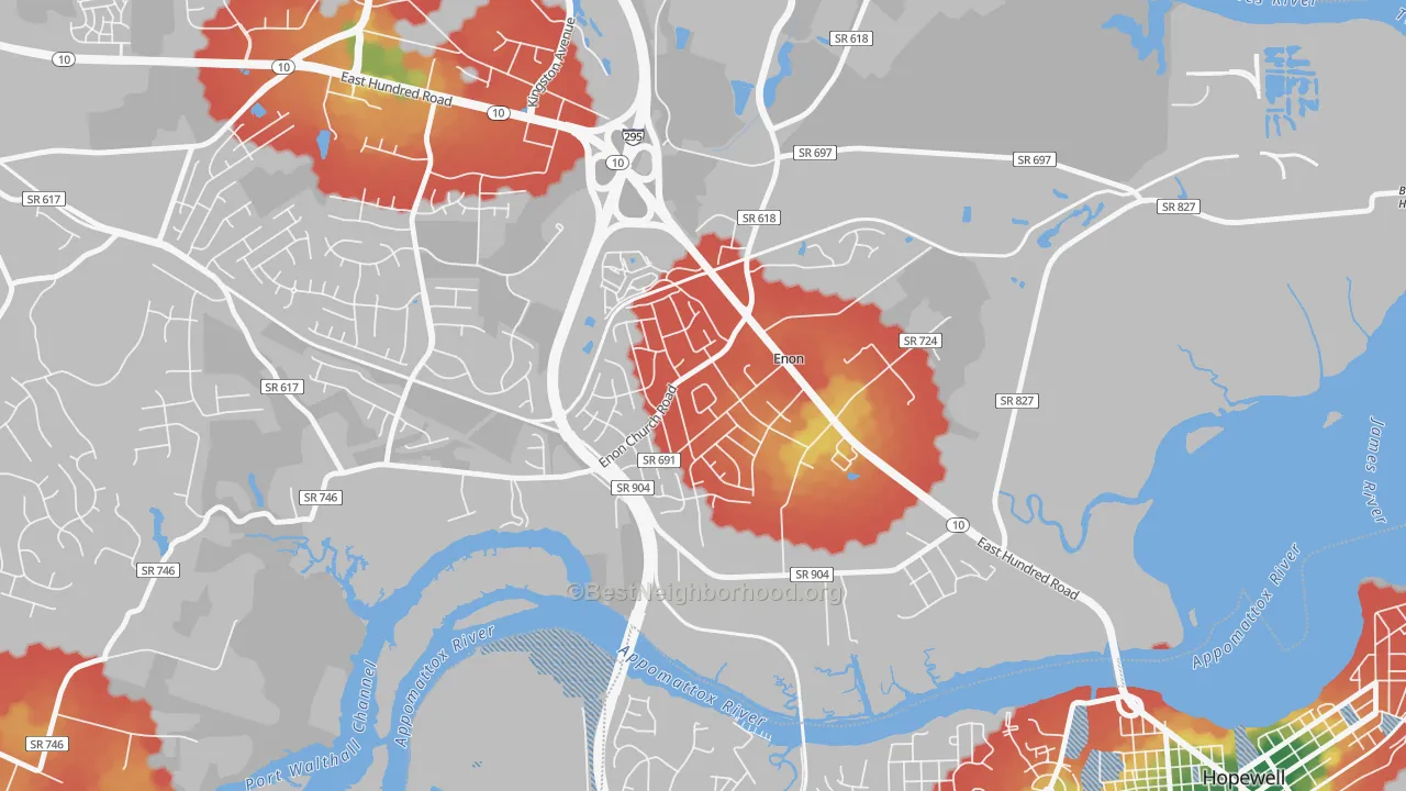 Walk Grade map of Enon, VA, walkable areas in green and car-dependent areas in red