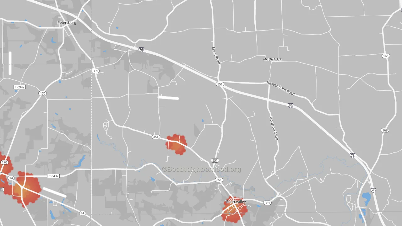 Walk Grade map of Enon Valley, PA, walkable areas in green and car-dependent areas in red