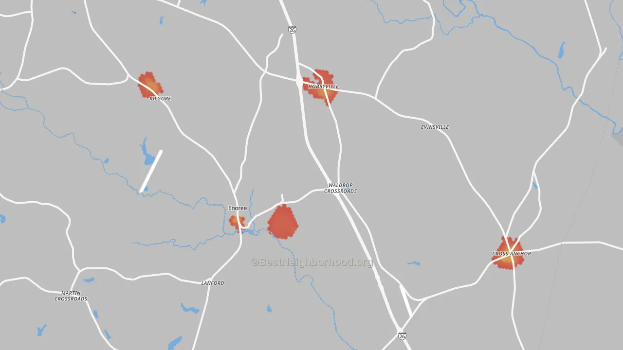 Walk Grade map of Enoree, SC, walkable areas in green and car-dependent areas in red