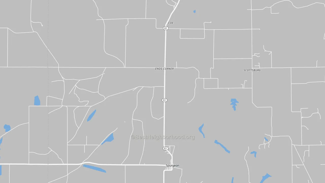 Walk Grade map of Enos Corner, IN, walkable areas in green and car-dependent areas in red