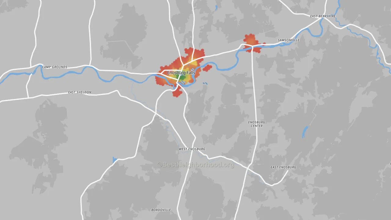 Walk Grade map of Enosburg Falls, VT, walkable areas in green and car-dependent areas in red