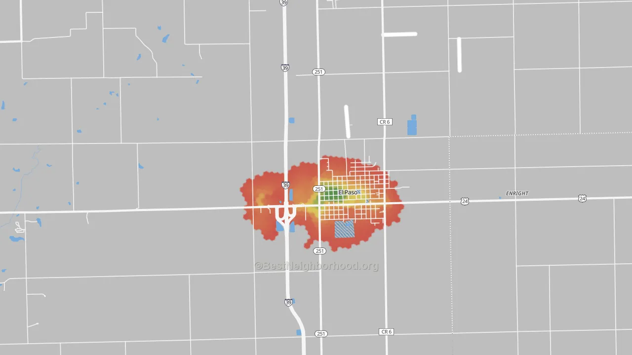 Walk Grade map of Enright, IL, walkable areas in green and car-dependent areas in red