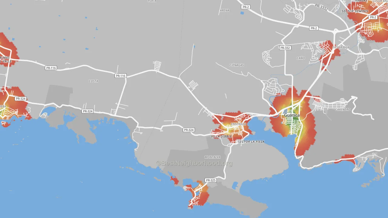 Walk Grade map of Ensenada, PR, walkable areas in green and car-dependent areas in red