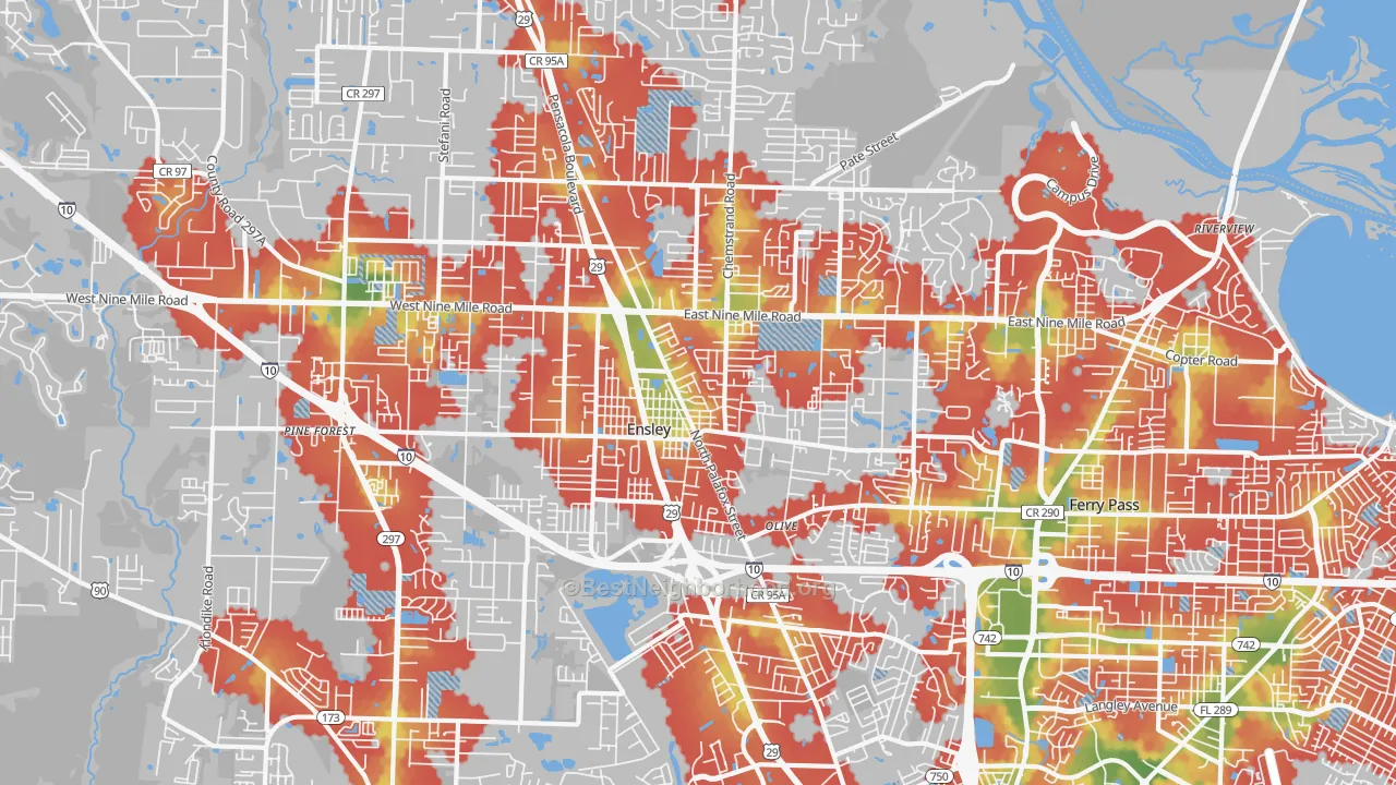 Walk Grade map of Ensley, FL, walkable areas in green and car-dependent areas in red