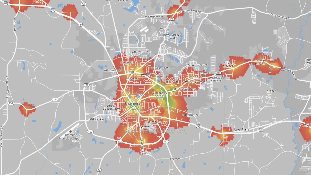 Walk Grade map of Enterprise, AL, walkable areas in green and car-dependent areas in red