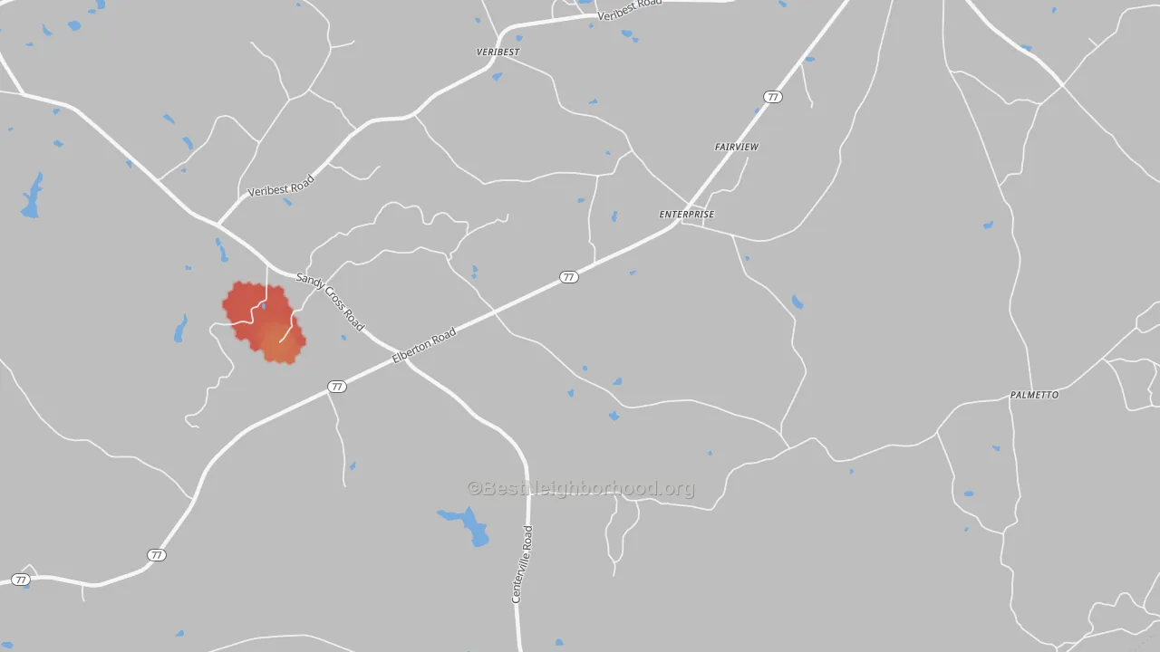 Walk Grade map of Enterprise, GA, walkable areas in green and car-dependent areas in red