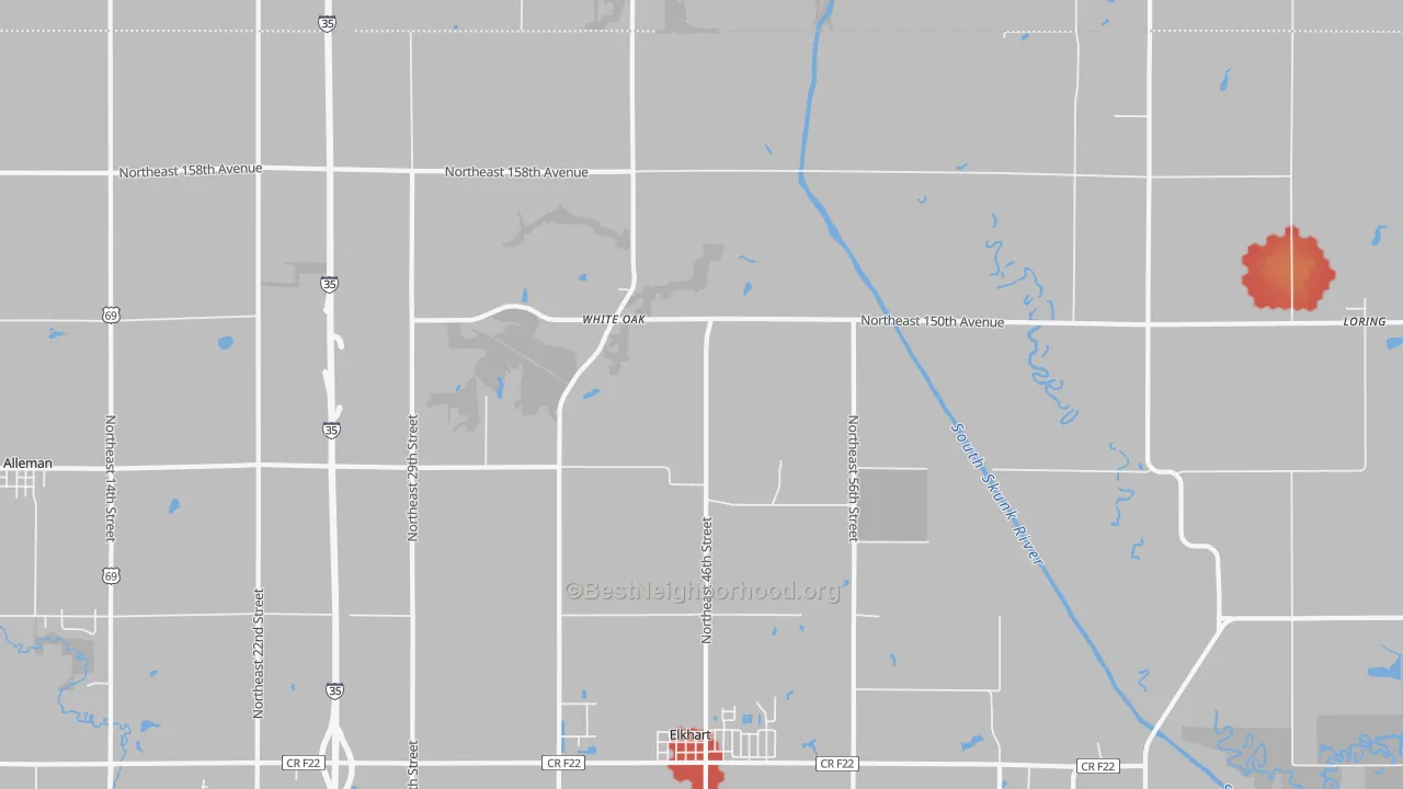 Walk Grade map of Enterprise, IA, walkable areas in green and car-dependent areas in red