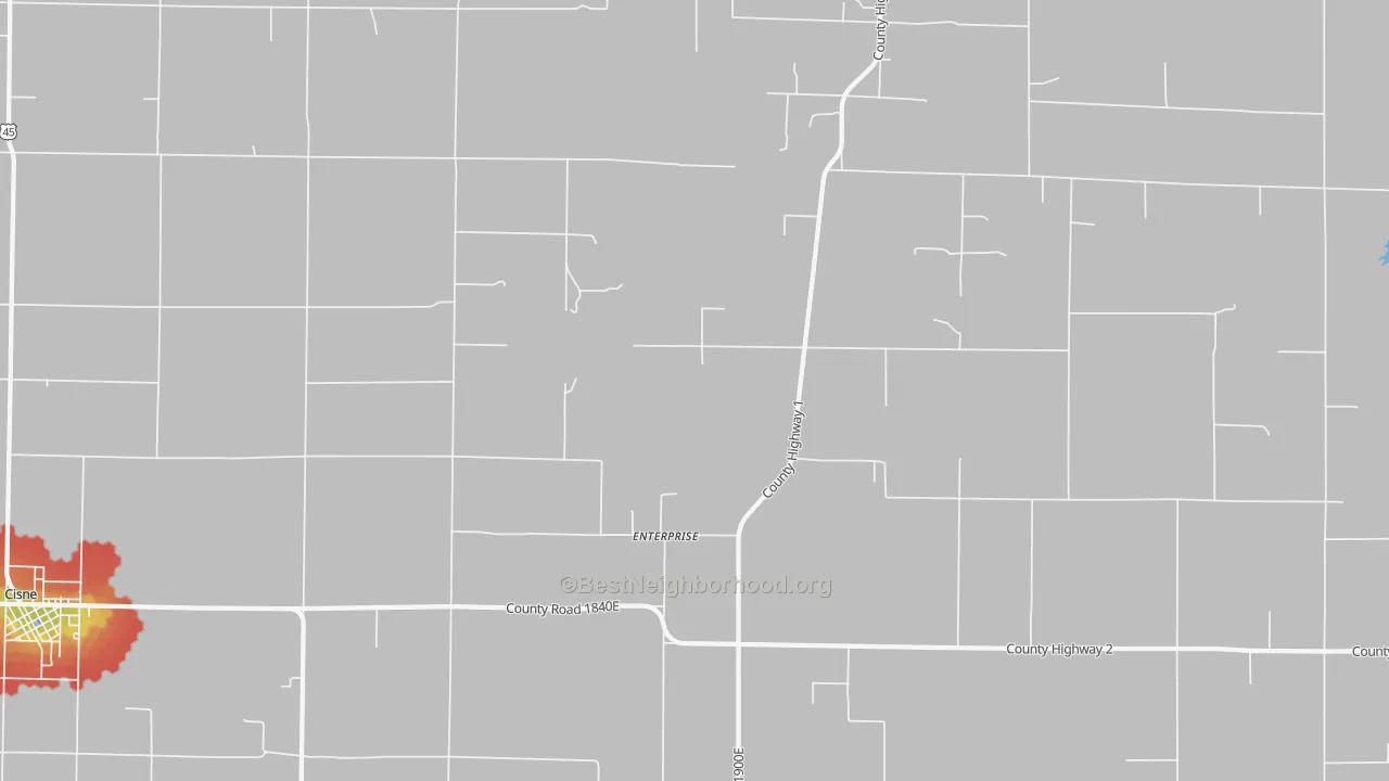 Walk Grade map of Enterprise, IL, walkable areas in green and car-dependent areas in red