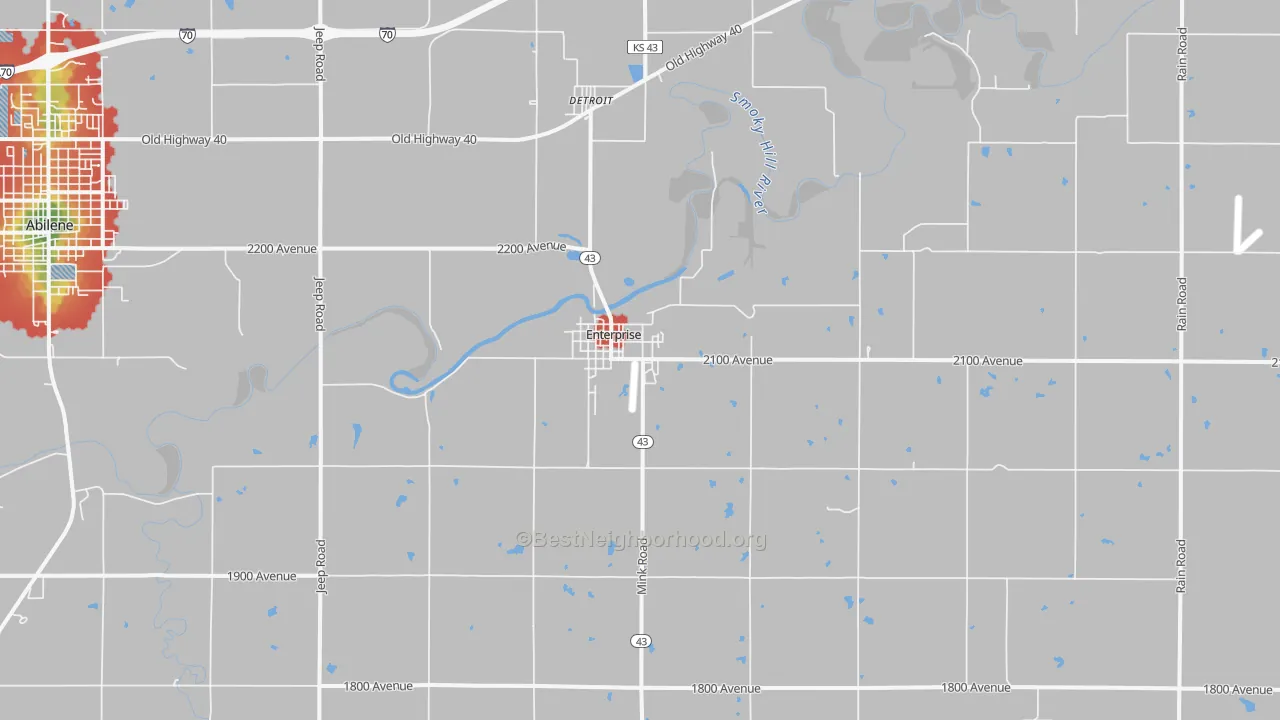 Walk Grade map of Enterprise, KS, walkable areas in green and car-dependent areas in red