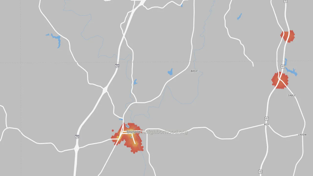 Walk Grade map of Enterprise, MS, walkable areas in green and car-dependent areas in red