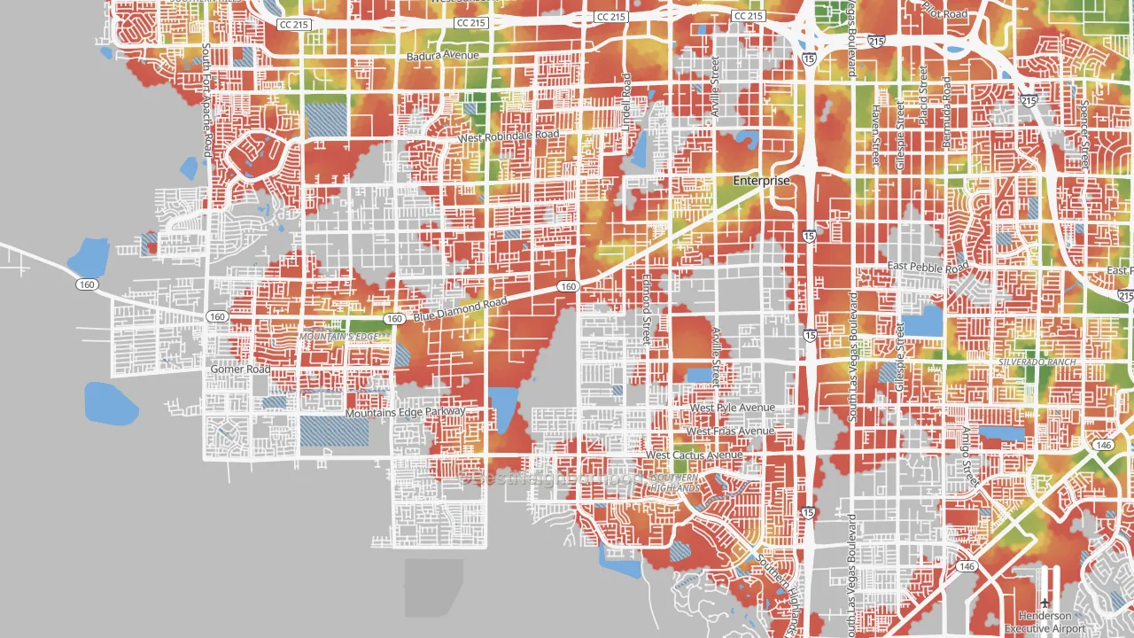 Walk Grade map of Enterprise, NV, walkable areas in green and car-dependent areas in red