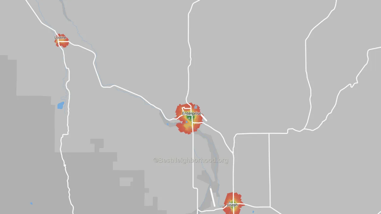 Walk Grade map of Enterprise, OR, walkable areas in green and car-dependent areas in red