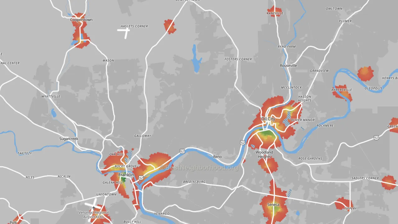 Walk Grade map of Enterprise, PA, walkable areas in green and car-dependent areas in red