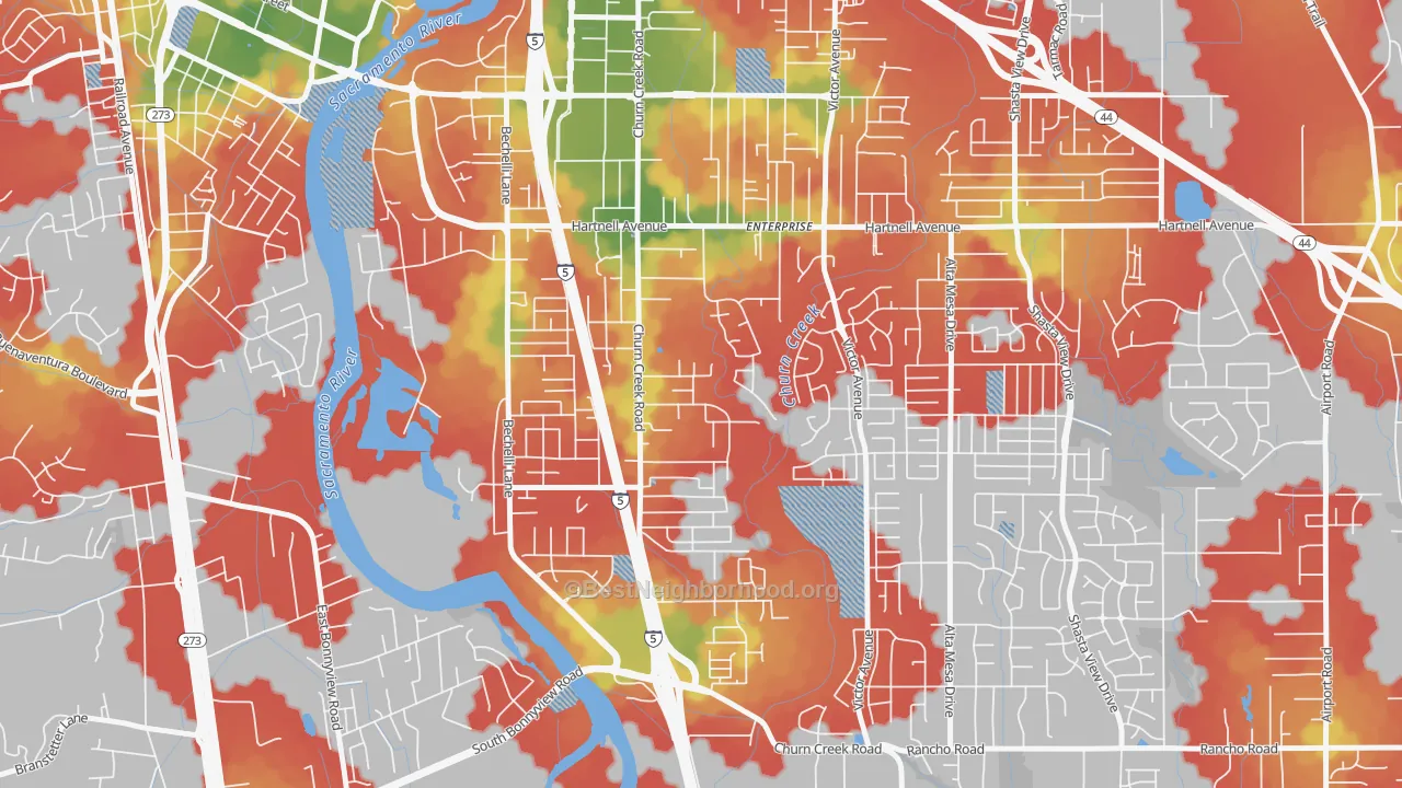 Walk Grade map of Enterprise, Redding, CA, walkable areas in green and car-dependent areas in red