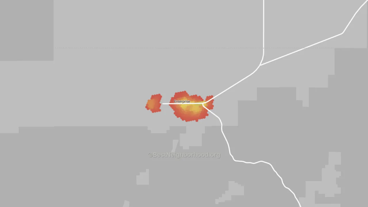 Walk Grade map of Enterprise, UT, walkable areas in green and car-dependent areas in red